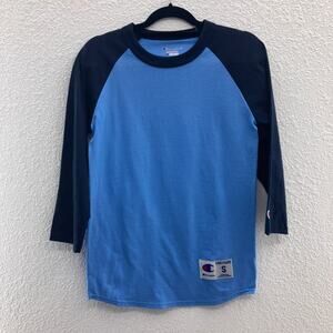 Champion Authentic Navy Blue Embroidered Logo 3/4 Sleeve Raglan Baseball T Shirt